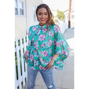Vacay Vibes Green Floral Dolman Bat Sleeve Bow Blouse : 1X